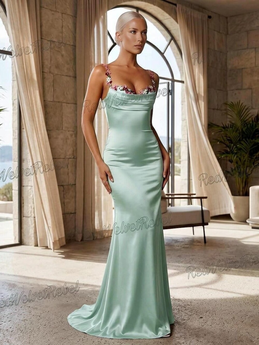 NWT Elegant Flower Decolete Detail Ruched Satin Long Party Dress